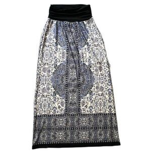 B DESIGN Maxi Skirt Ruched Waist Pull-On Stretch Geometric Womens L Blue Cream